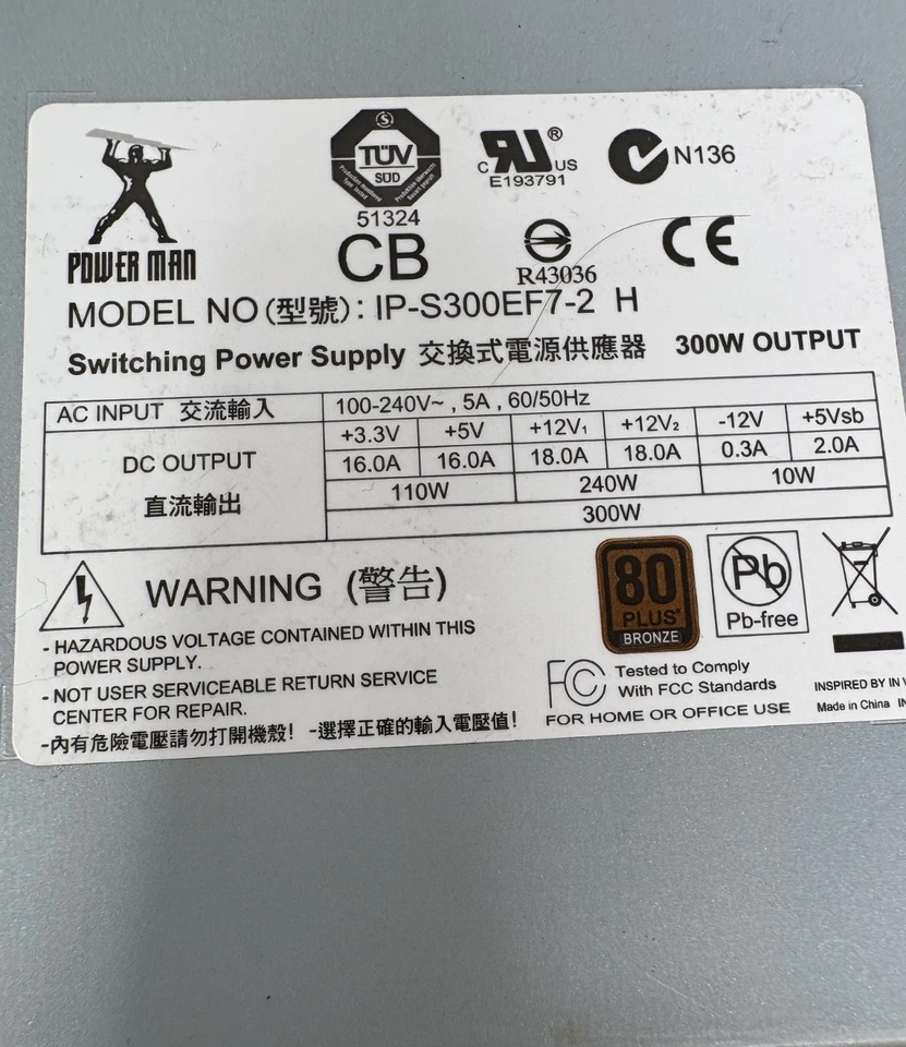 Power Man IP-S300EF7-2 H Fuente De Alimentación PSU ITX 300W Reacondicionado - Imagen 2 de 4