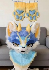 Fursuit Long haired Dog Fox Mascot Party Halloween Fur Cosplay head claws 