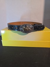 Nocona Leather Belt Black Tooled Bull Rider Buckle Sz 26 Unused Unisex Youth