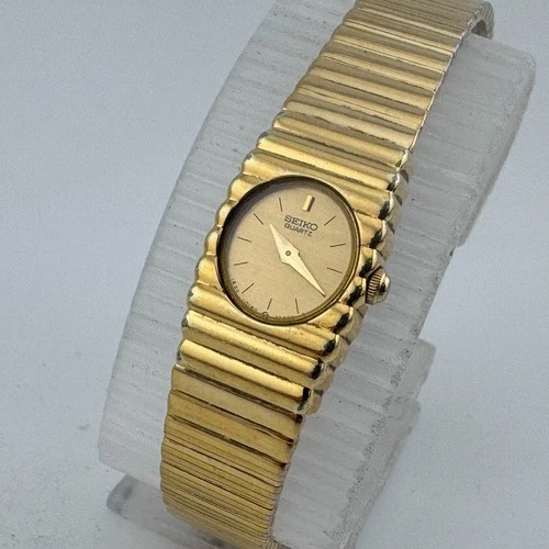 Vintage Seiko Quartz Watch 1E20-5099 Women Gold Tone Oval Analog New Battery 6"