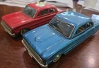 Vintage Bandai Tin Litho Ford Falcon Toy Friction Car Made in Japan 1 Blue 1 Red