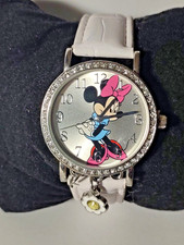 ADULT FIT, Disney Minnie Mouse Watch, White Leather Band, Quartz/Analog NEW BATT