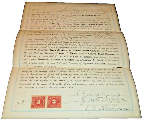 DECEMBER 1919 HOUSTON AND GREAT NORTHERN RAILROAD VENDOR'S LIEN NOTE