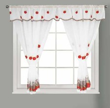 New Kitchen Window Curtain Set Rod Pocket Embroidered Attached Valance Tiebacks