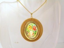Vintage Gold Mesh Cameo Hand Painted Floral Pendant Necklace