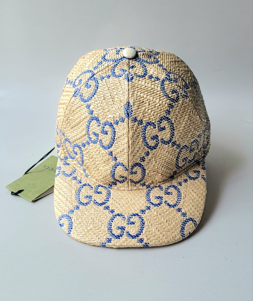 Gucci Hat Baseball Cap Woven Raffia Straw Blue Chevron GG