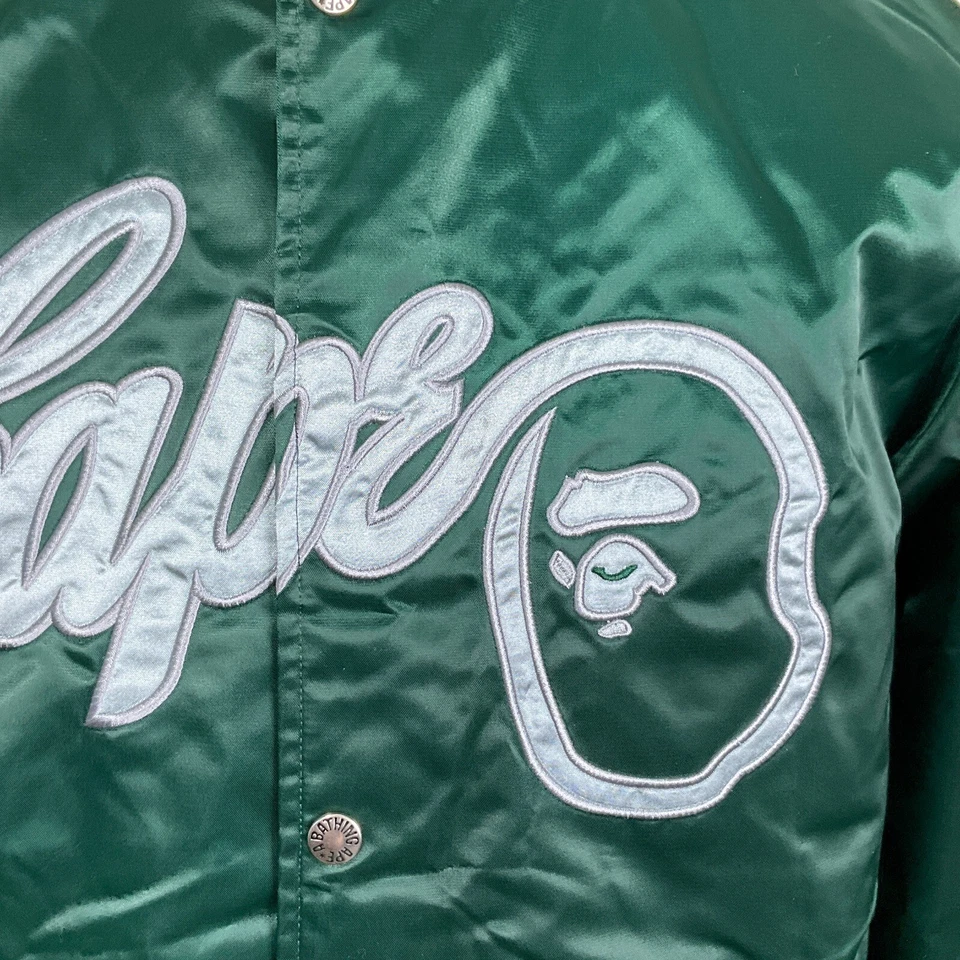 A Bathing Ape Varsity Jacket Men XL Green White Stitched BAPE NIGO Bomber Satin - Image 2 of 4