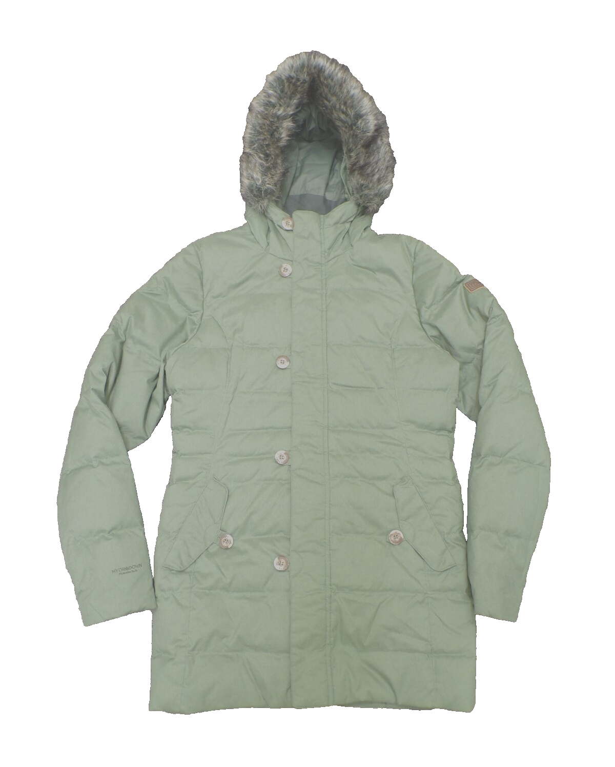 Berhaus Coat UK14 Hydrodown Fusion 5.5 Mid Thigh Green Hood Warm Ex Con #72