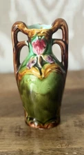 Antique Art Nouveau Two-Handled Vase Green Pink Floral 6359 Majolica Style