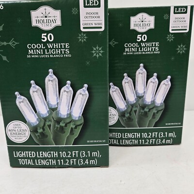 Holiday Time Lot of 2 - 50 LED Cool White Mini Lights Green Wire 11.2 ft Long Ea