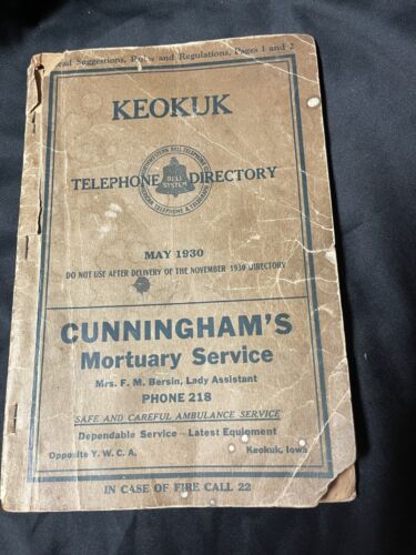 Vtg 1930 Keokuk Iowa Telephone Book Bell System Northwestern Cunninghams Phone