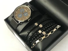 Steve Madden Men's Black Whater Resistant Watch & Multi Bracelet Gift Set  NIB
