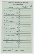8-1-83 New York Yankees Game Used Lineup Card - Dave Winfield & Billy Martin