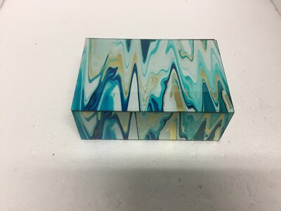 Glass Box Jewelry Trinket Coasters Variegated Blue Gold Beveled Bl Velvet Lined