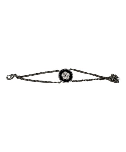 Auth CHANEL Camellia 06P CC Logo Medallion Bracelet Silver Black Unisex Itary