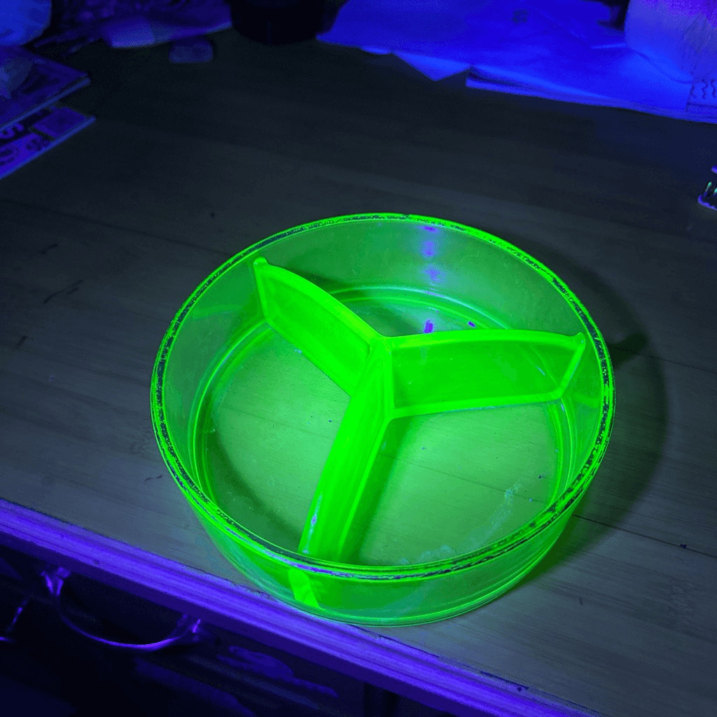 Vintage green divided condiment uranium glass dish