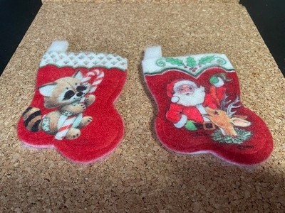 2 Vintage 1980's Felt Mini 5.5 inch Christmas Stockings Raccoon Santa