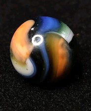 Orange  Blue Ribbon on Green Base Glass RAINBO PELTIER Vintage Marble .62" NM 