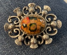 Celtic Scottish Thistle Brooch Pin Pewter Cabochon Vintage