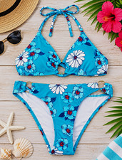Womens Blue Floral Halter Triangle Bikini 2-Piece Padded Ring Accent Size S