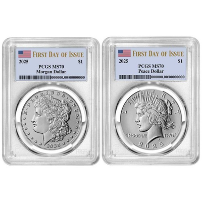 #ad #ad 2025 $1 Morgan and Peace Silver Dollar 2pc Set PCGS MS70 FDOI Flag Label $319.00