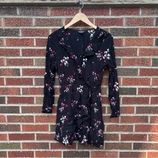 Express Black and Pink Floral Surplice Ruffle Long Sleeve Romper