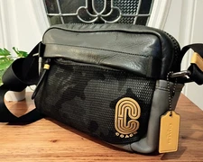 COACH MENS EDGE BLACK/GRAY/YELLOW  LEATHER ADJUSTABLE STRAP TRAVEL SHOULDER BAG