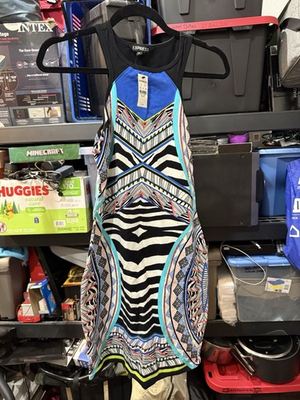 #ad Express Blue Black Multicolor Women#x27;s Tribal ZEBRA Print Fitted Dress Size XS $19.40