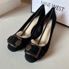 NWB Nine West Farinao Black Suede Pumps Block Heel Buckle Retro Size 7M