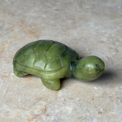 Vintage Mini Hand Carved Jade Turtle Figurine Small Green Nephrite Gemstone
