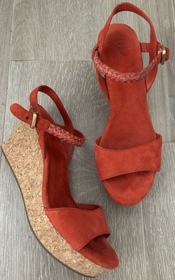 Ugg D'Alessio Suede Leather Red Cork Platform Wedge Slingback Sandal Women 9.5