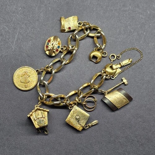 Monet Charm Bracelet Vintage Costume Jewelry Safety Chain  7" Gold Tone