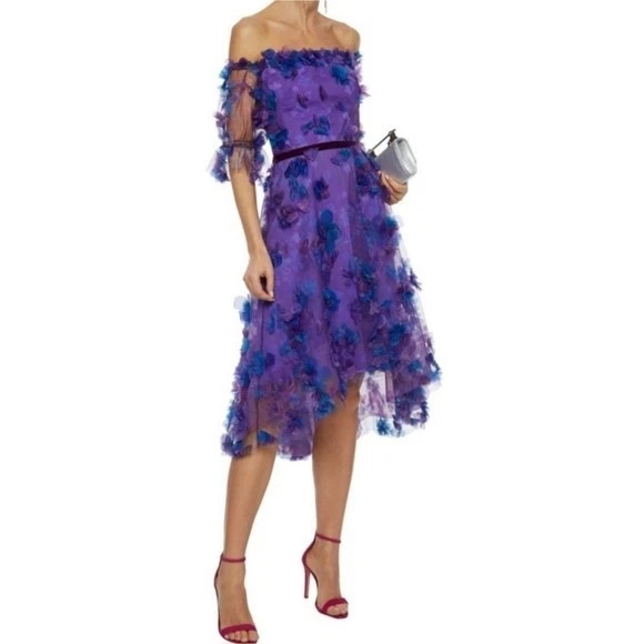 5% de descuento! Vestido Marchesa Notte púrpura y periwinkle con flores 3D, tul, talla 12 Foto 2 de 4