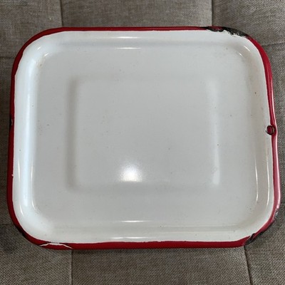 VTG Enamel Refrigerator Dish Metal White With Red Lid  Country Cabin FARMHOUSE