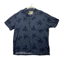 Vtg Paradise Found Hawaiian Shirt Mens Sz Large Palm Tree Print Button Up Blue