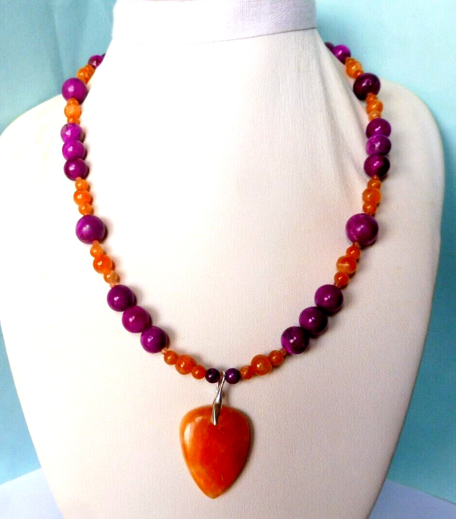 Collier en Calcite Orange et Sugilite véritable en Argent massif de 45cm