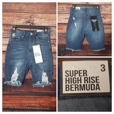 Almost Famous Denim Jean Shorts Size 3 Super High Rise Bermuda Distressed Blue