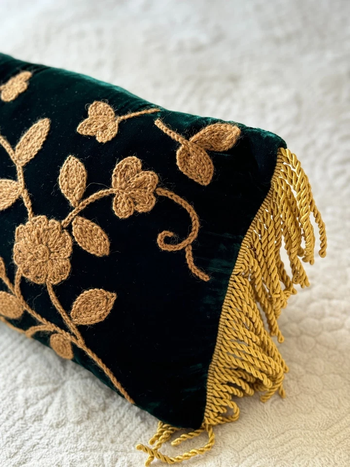 Luxury Dark Green Gold Rectangle Moroccan Handmade Embroider Filled Cushion - Image 3 of 4