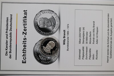     DEUTSCHLAND SILBER 6,7Gr PROOF MEDAILLE MIT COA WILLY BRANDT B79 #17 ...
