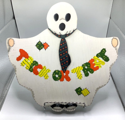 Vintage Wood Handmade Hand Painted Halloween Ghost Trick or Treat Wall Folk Art