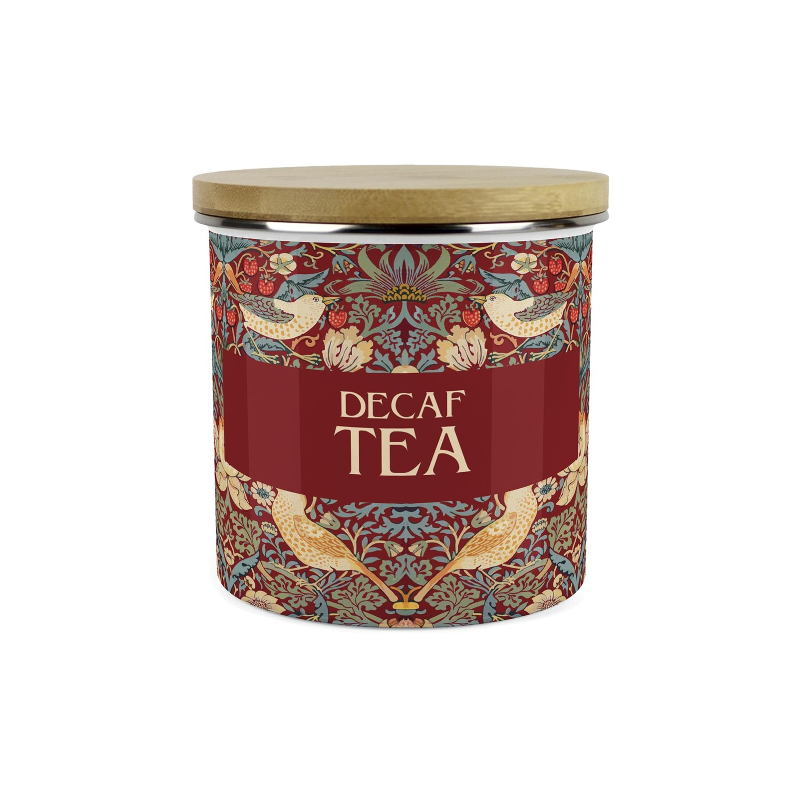 Red Strawberry Thief Decaf Tea Storage Canister - Enamel & Bamboo Container