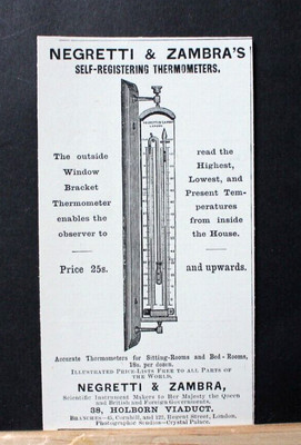 ''1895 Druckanzeige ''''NEGRETTI & ZAMBRA SELBSTREGULIERENDE THERMOMETER'''' 5'''' x 2,75''''