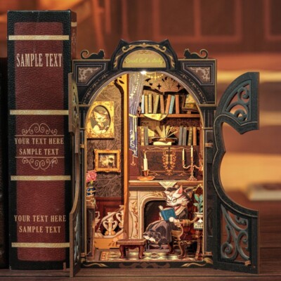 DIY Bücherecke Kit Holz Miniatur Puppenhaus mit Licht Anzahl Katze Studie Geschenk
