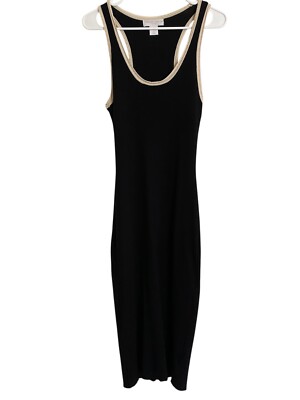 Caroline Constas Ribbed Knit Contrasting Trim Midi Bodycon Dress Small Black