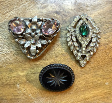 Two Vintage Ornate Rhinestone Dress Clips Art Deco One Victorian Jet Clip