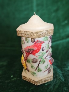 Wax Candle; Various Birds: Bluejay, Cardinal, etc., Pine Needles
