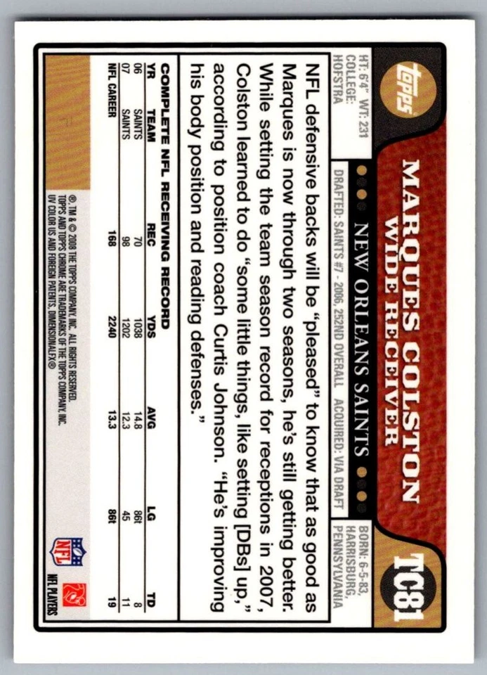 2008 Topps Chrome Marques Colston New Orleans Saints #TC81 - Image 2 of 2