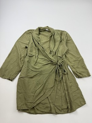 H&M Coat Womens XL Green Linen Blend Wrap Trench Belted Lightweight Tie Waist