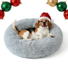Cozy Fluffy Donut Bed for Medium Dogs, Washable with Calming Plush Cushion