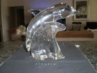 Huge Steuben Dolphin Porpoise Riding Controlled Bubble Wave  - Signed - Ex Cond